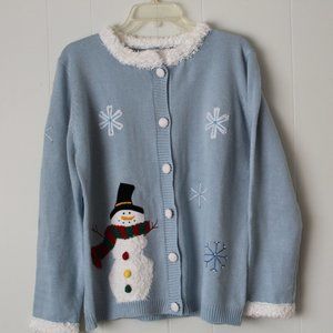Baby Blue Whimsical Snowman Snowflake Christmas Winter Buttoned Cardigan Sweater